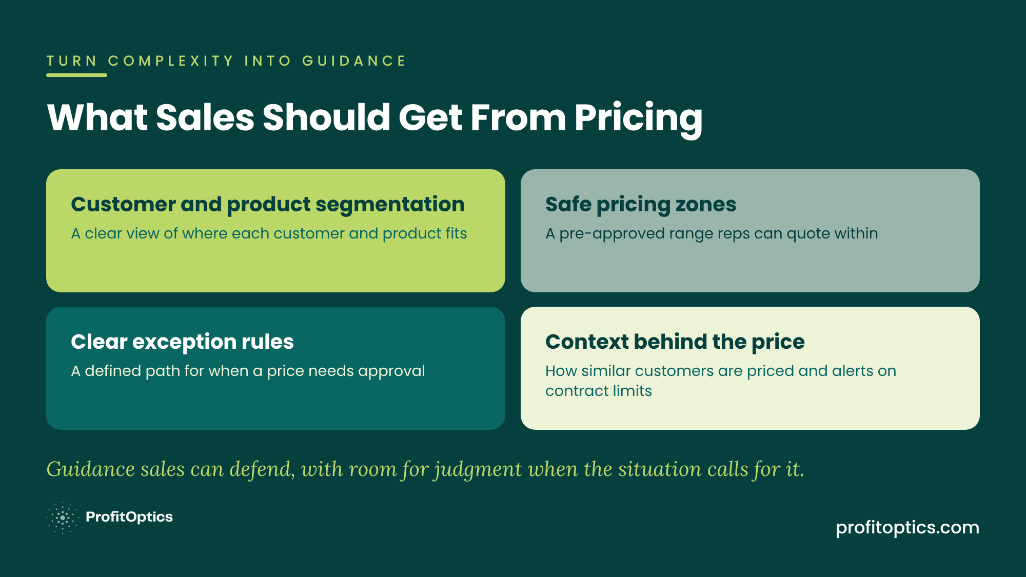 What sales should get from pricing: customer and product segmentation, safe pricing zones, clear exception rules, and context behind the price